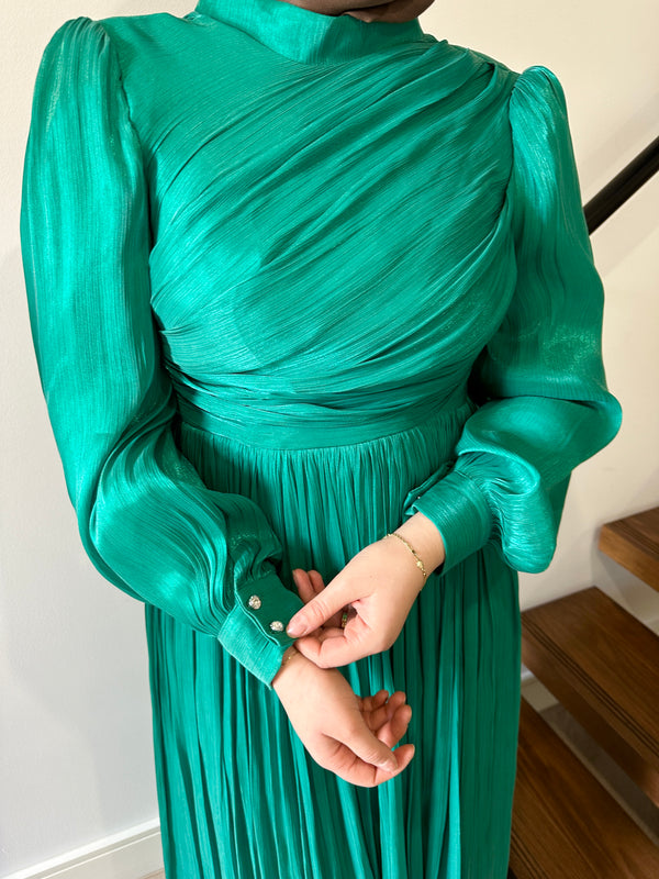 METALLIC RUCHE DRESS- GREEN