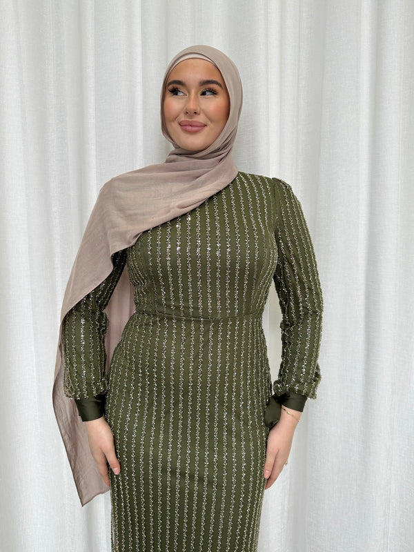 MANAR SEQUINS DRESS- Olive